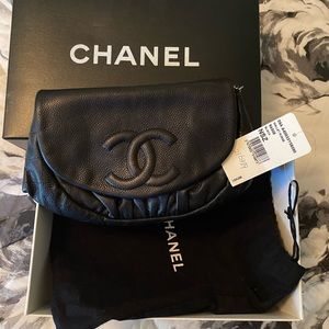 Chanel Black Caviar Half Moon WoC wallet on a chain.